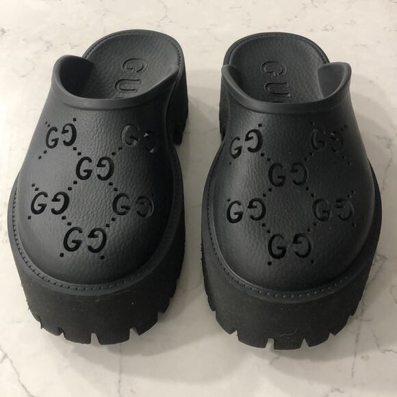 Gucci Platform Perforated GG Sandal Lug Sole Rubber Slides Closed Toe Black - Picture 7 of 16